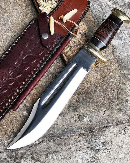 New Custom Handmade 440C Steel Heavy Duty Crocodile Dundee Hunting Bowie Knife - 16" Leather & Buffalo Horn Handle, Razor Sharp Blade, with Belt Loop Leather Sheath