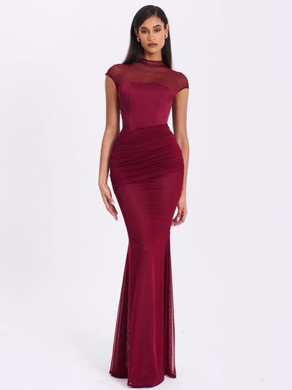 Fabienne Burgundy Mesh Cap Sleeve Mermaid Gown