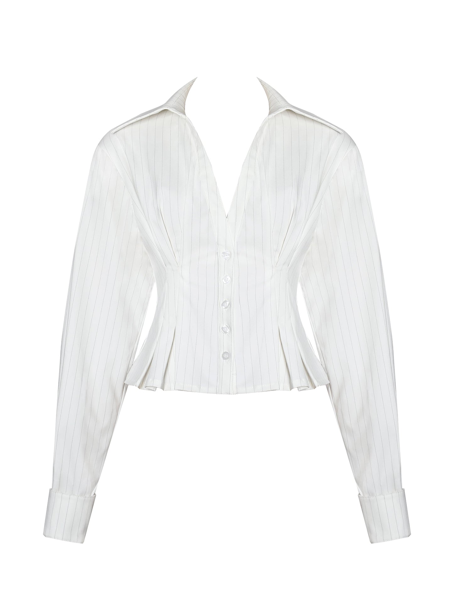 Sylvia White Pinstripe Deep V Pleated Shirt