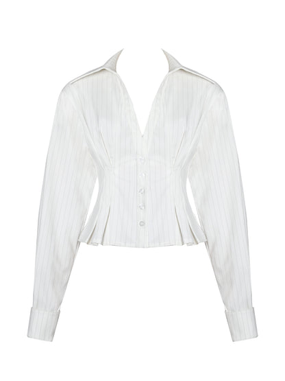 Sylvia White Pinstripe Deep V Pleated Shirt