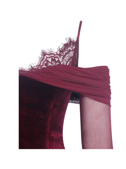 Maybelle Magenta Bardot Lace Strap Peplum Maxi Dress