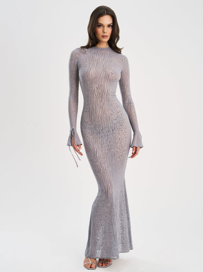 Waylynn Gray Animal Print Burnout Velvet Detail Mesh Backless Maxi Dress