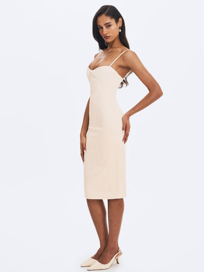 Gracie Butter Yellow Ruched Satin Midi Dress