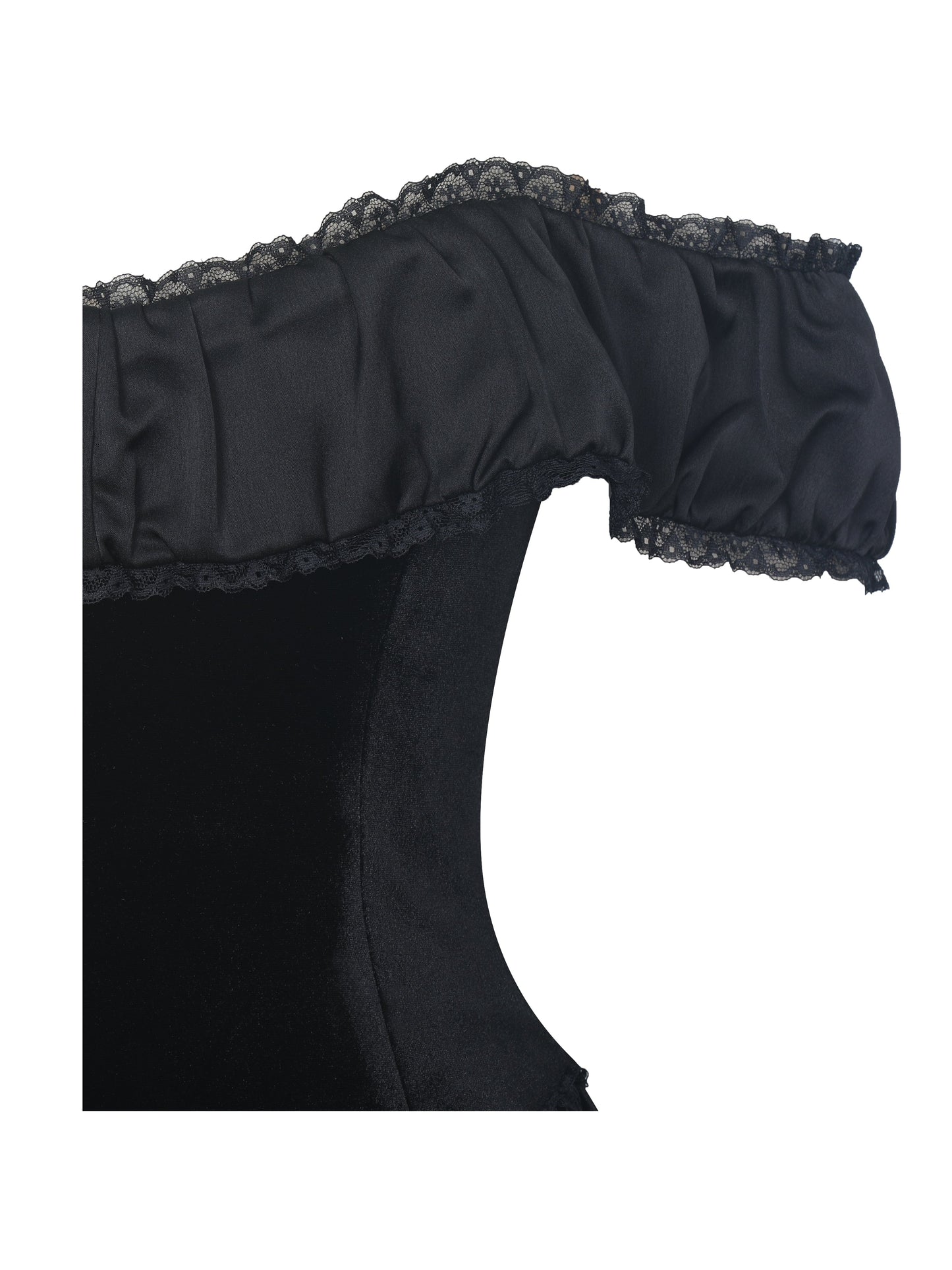 Daisha Black Lace Trimmed Off-Shoulder Ruched Mini Dress