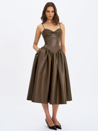 Parisia Cocoa Vegan Leather Drop Waist Midi Dress