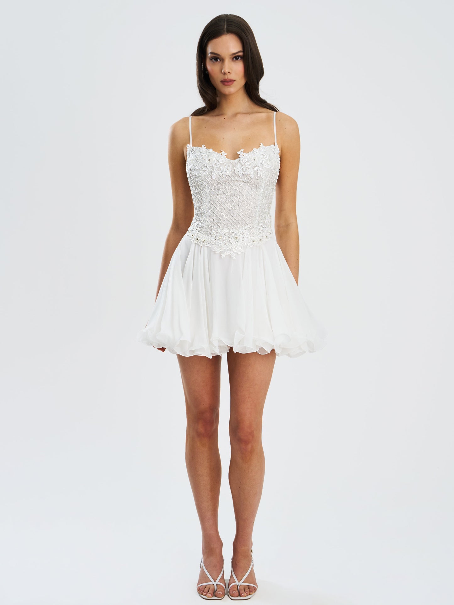 Fabiola Lace Trim Silver Net Top Mini Flare Chiffon Dress