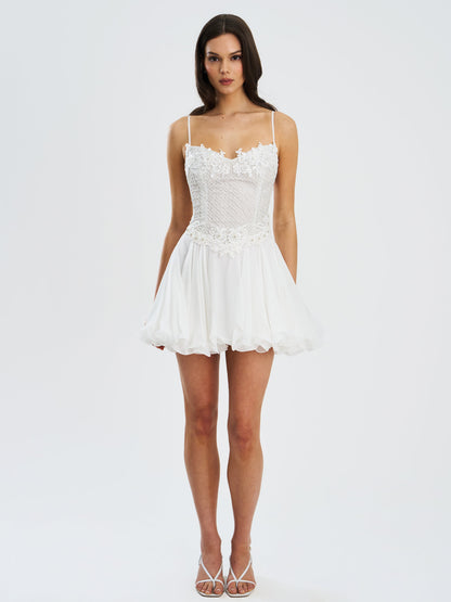 Fabiola Lace Trim Silver Net Top Mini Flare Chiffon Dress