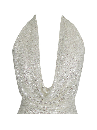 Niamh Golden Beaded Cowl Halter Backless Maxi Dress