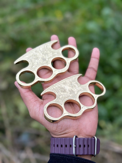 Custom Brass Knuckles Set – Hand Engraved Pure Brass with Leather Case