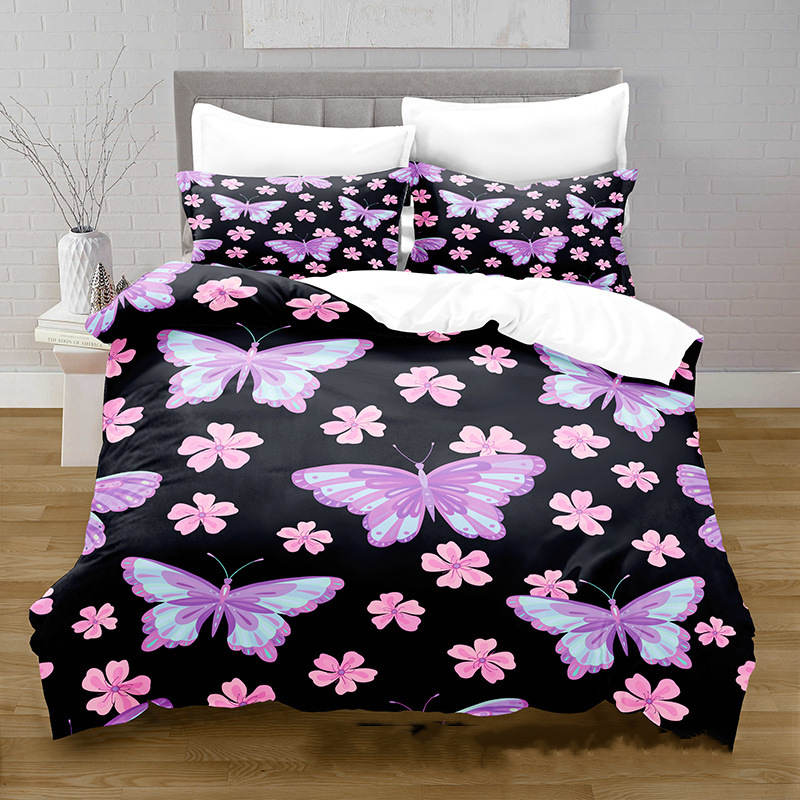 3D Digital Printing Butterfly Pattern Brushed Quilt Cover Pillowcase Bedding Set