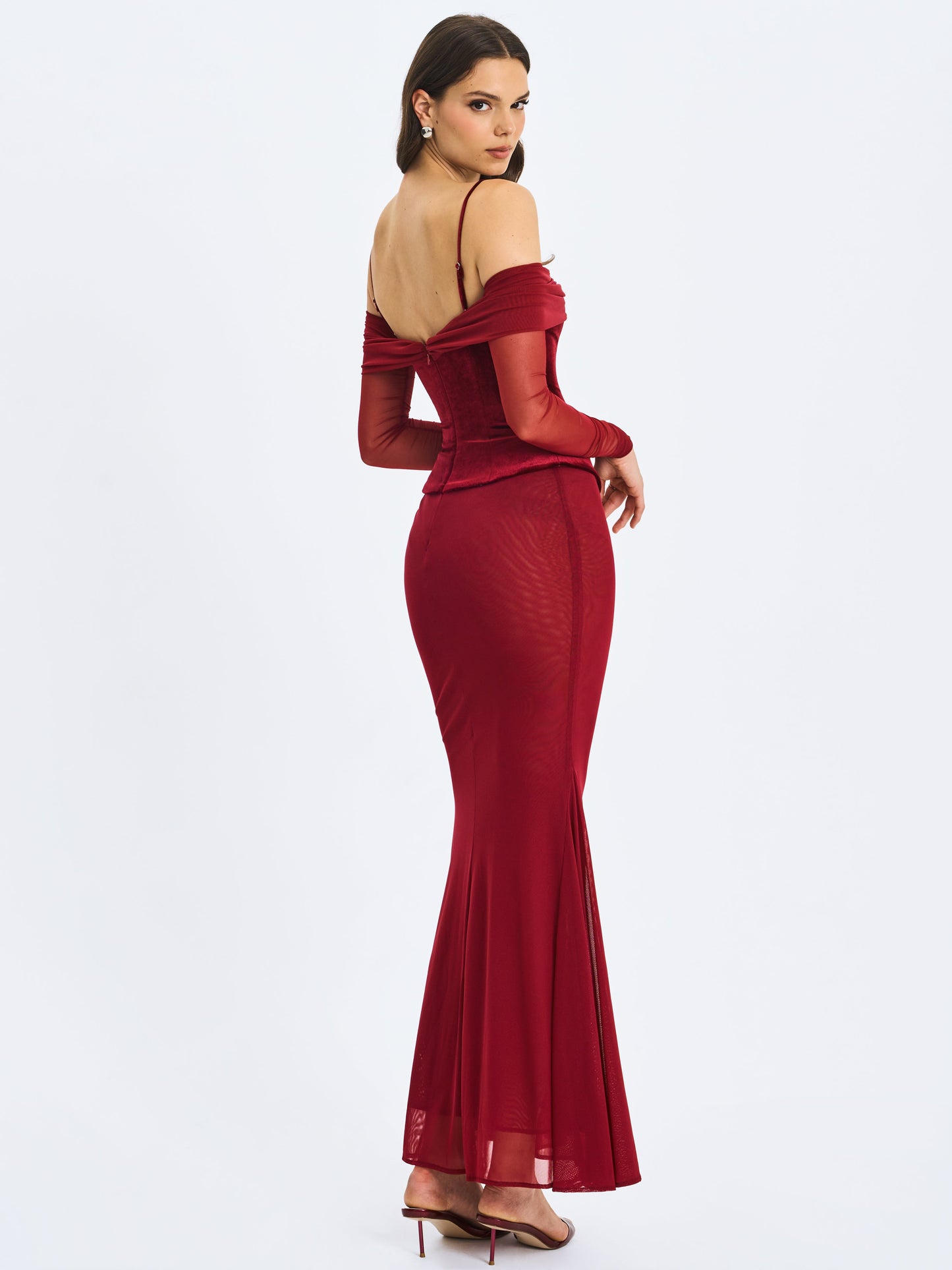 Maybelle Magenta Bardot Lace Strap Peplum Maxi Dress