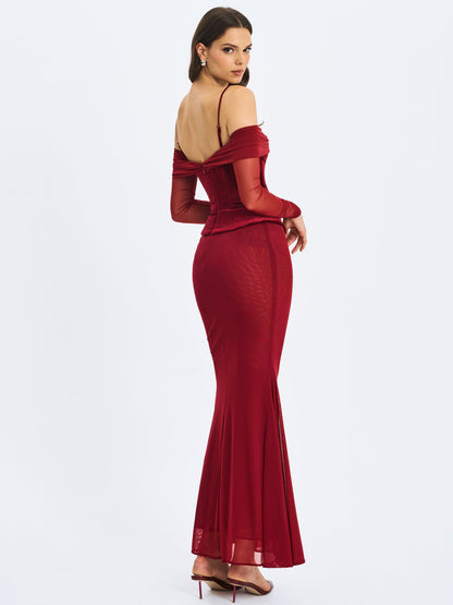 Maybelle Magenta Bardot Lace Strap Peplum Maxi Dress