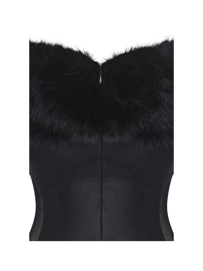 Bellis Black Fur Trim Mesh Panel Off-Shoulder Midi Dress