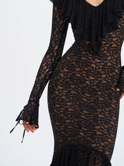 Parisa Black Lace Ruffled Mermaid Maxi Dress
