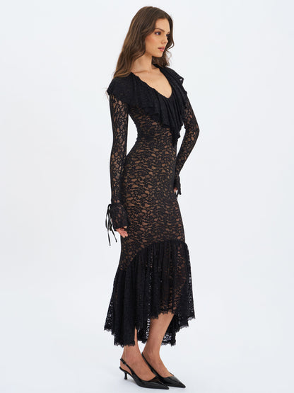 Parisa Black Lace Ruffled Mermaid Maxi Dress
