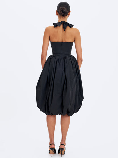 Veradis Black Taffeta Halter Bubble-Hem Midi Dress
