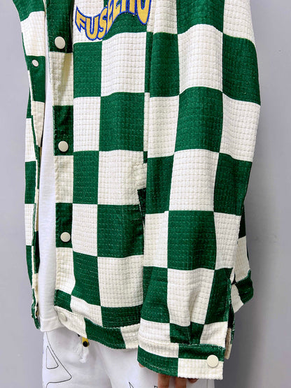 Retro Contrast Color Green Plaid Lapel Jacket Men