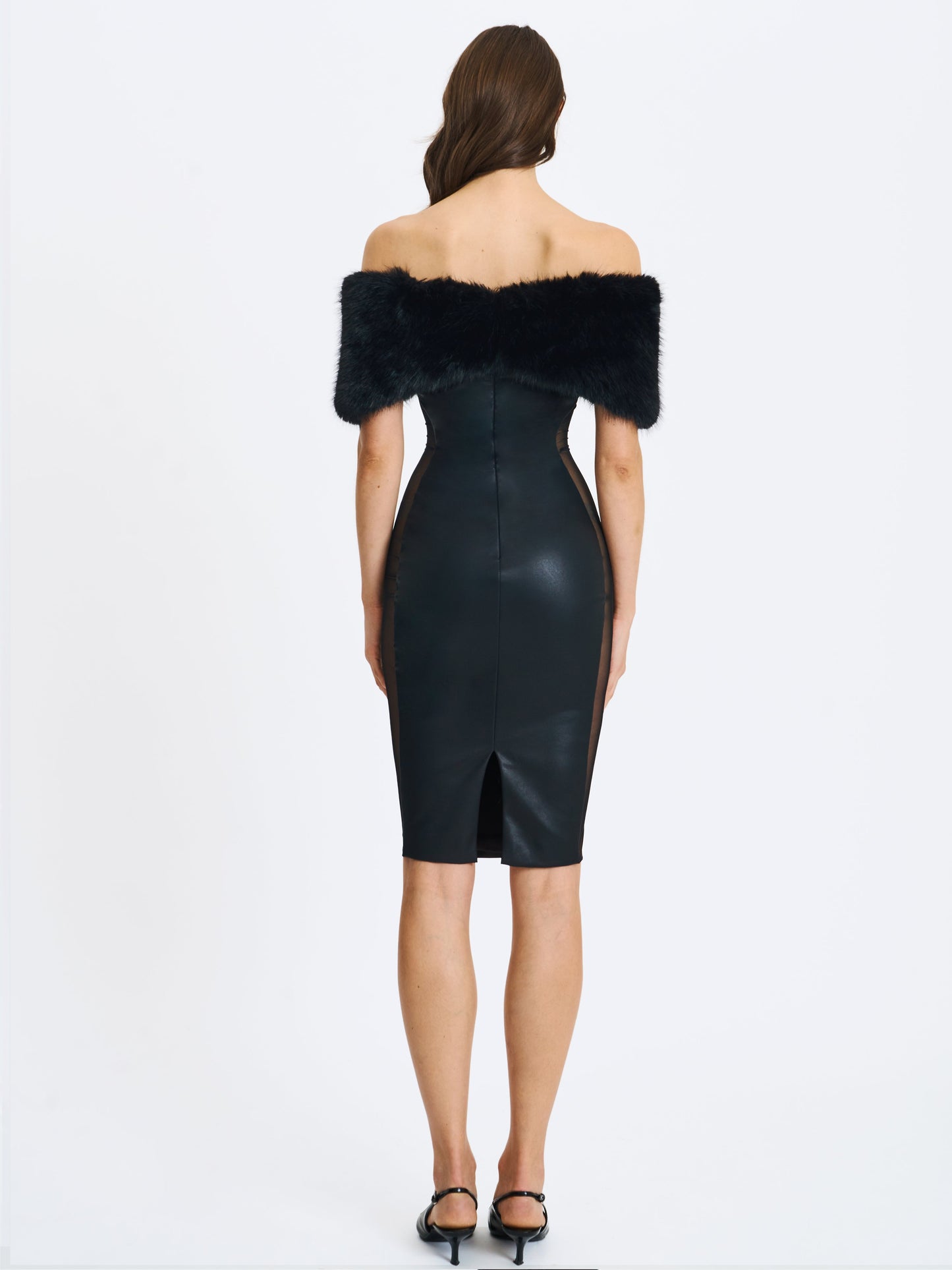 Bellis Black Fur Trim Mesh Panel Off-Shoulder Midi Dress