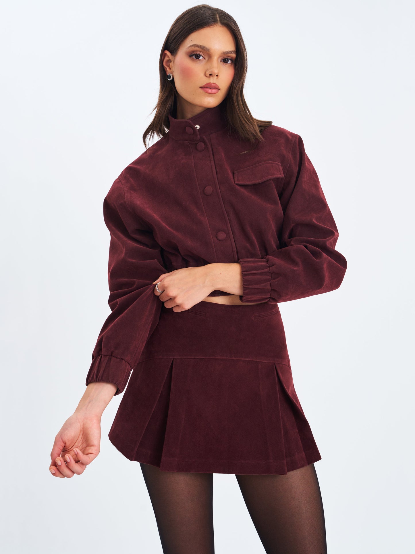 Faryn Mahogany Vegan Suede Pleated A-Line Mini Skirt