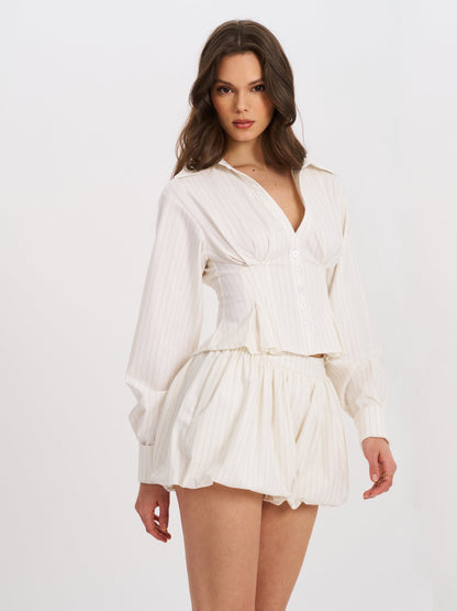 Sylvia White Pinstripe Deep V Pleated Shirt