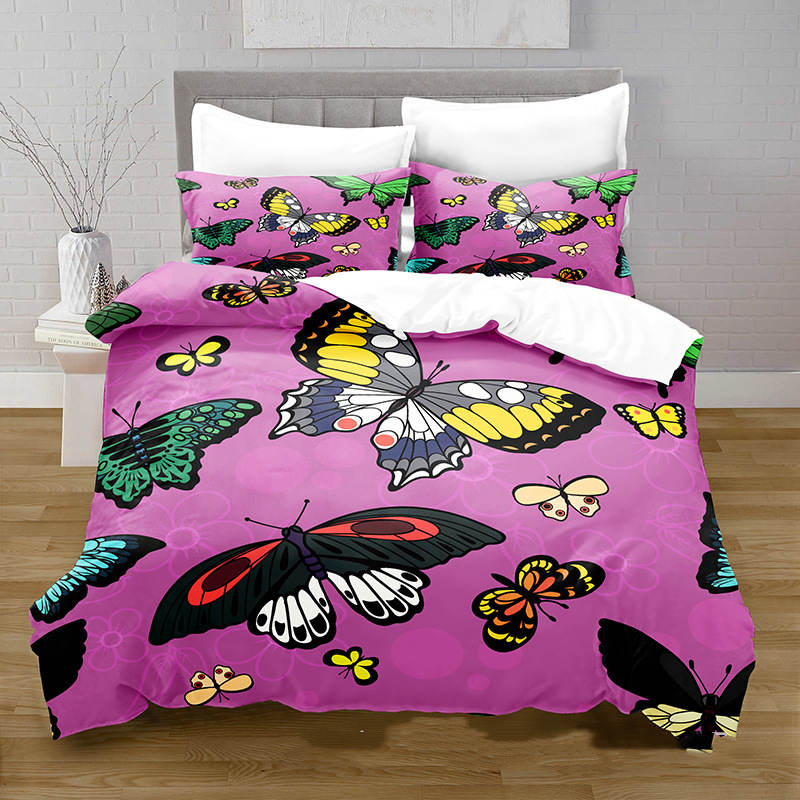 3D Digital Printing Butterfly Pattern Brushed Quilt Cover Pillowcase Bedding Set