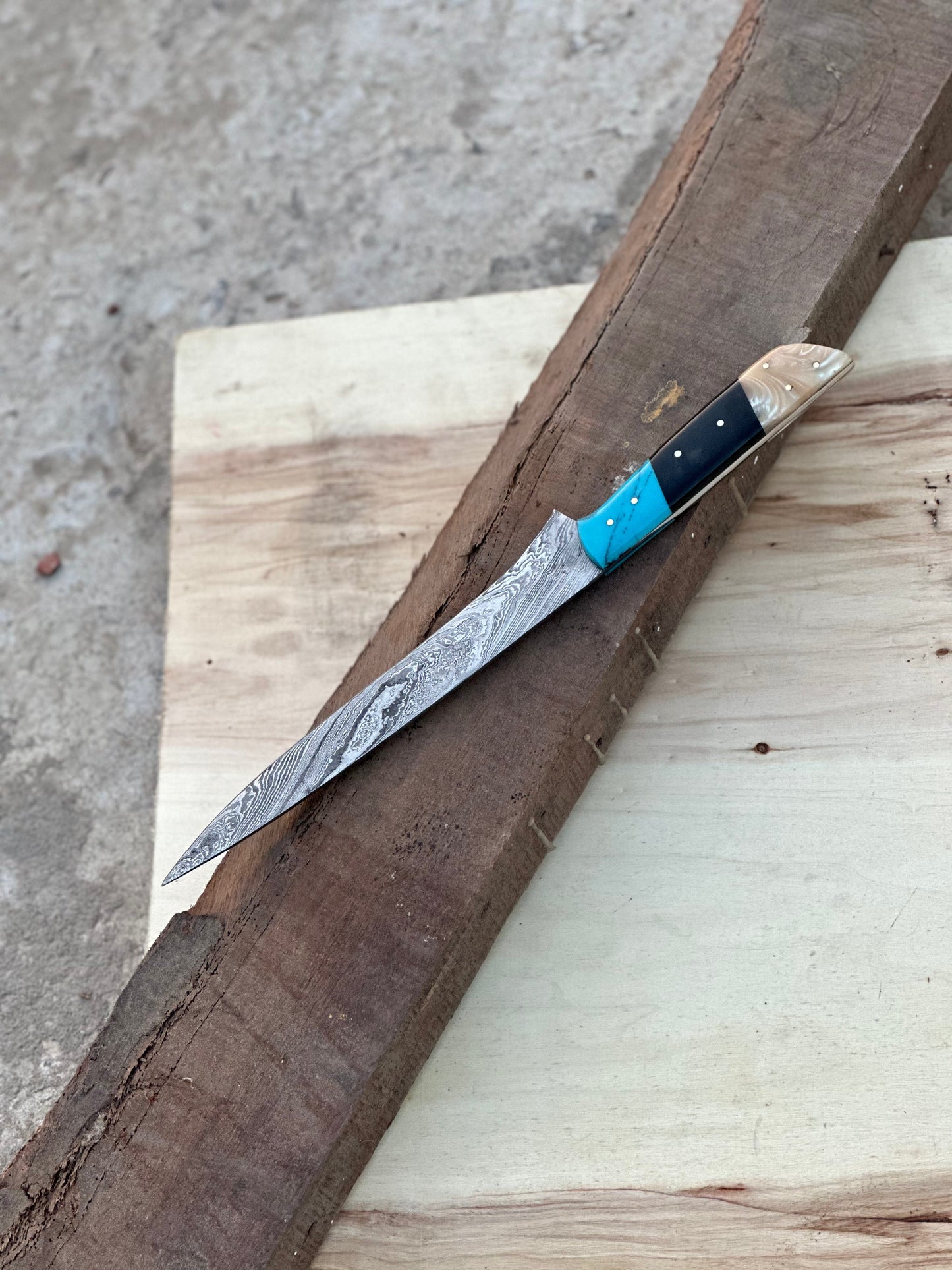 Handmade Damascus Steel Large Fillet Knife Hunting Fishing, Full Tang 13.5 inch
