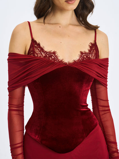 Maybelle Magenta Bardot Lace Strap Peplum Maxi Dress