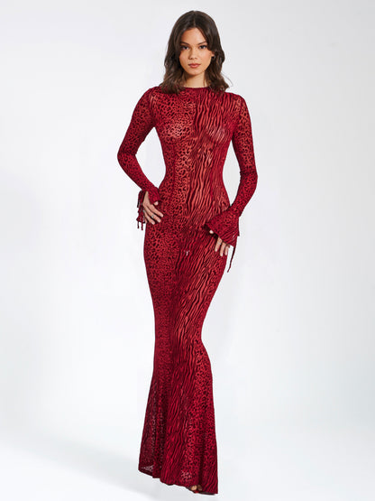 Waylynn Burnout Velvet Detail Mesh Backless Maxi Dress