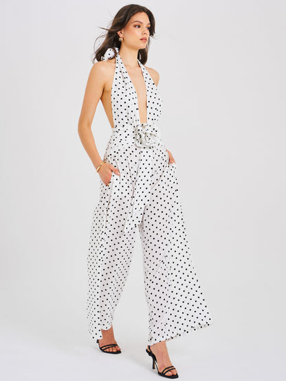 Oriana White Polka Dots Halter Jumpsuit