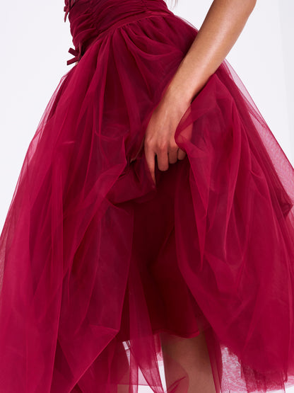 Mabel Burgundy Drop Waist Layered Mesh Midi Puffy Dress with Bow
