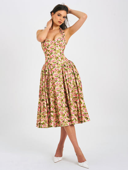 Niya Floral Print Linen Halter Corset Maxi Dress
