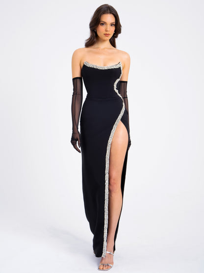 Xoana Black Crystal Embellished High Slit Gown
