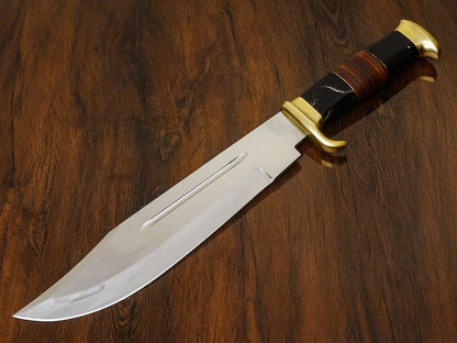 Premium J2 Steel Crocodile Dundee Bowie Knife – 16” with Brass Guard, Buffalo Horn & Leather Handle | Custom Handmade Knife with Leather Sheath