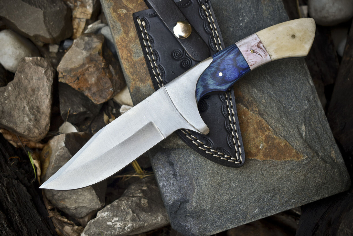 Custom Handmade J2 Steel Hunting Knife with Pakkawood & Camel Bone Handle | Steel Bolster | Includes Leather Sheath
