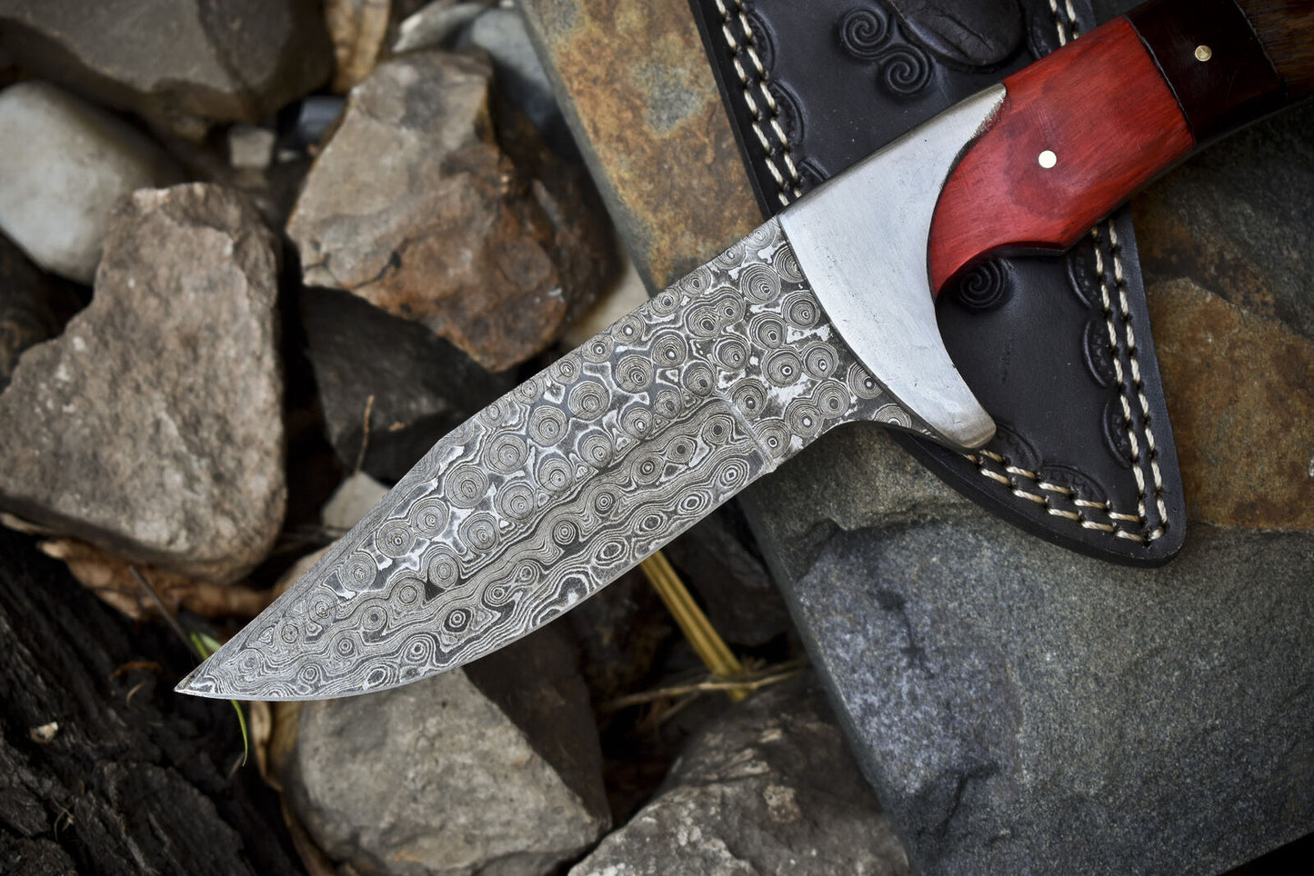 Custom Handmade Damascus Steel Hunting Knife with Pakkawood & Rosewood Handle | Steel Bolster | Includes Leather Sheath  Product Description: