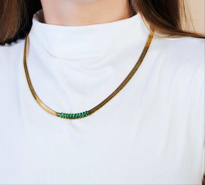 Herringbone Flat Snake Necklace with White or Green Zircon