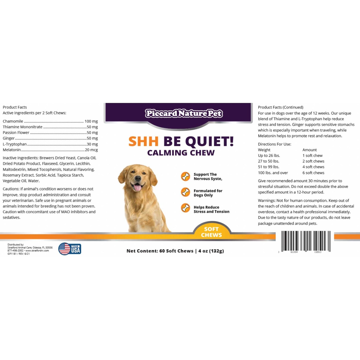 PiccardNaturePets Shh Be Quiet! Calming Aid Dog Supplement 60ct