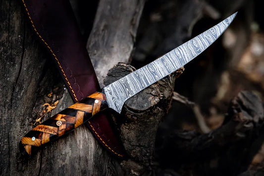 Custom Handmade Damascus Steel Fillet Knife with Rosewood and Olive Wood Handle - 13" Overall Length
