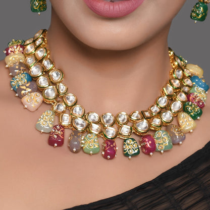 Beautiful Multi Colored Stone Kundan Necklace Set