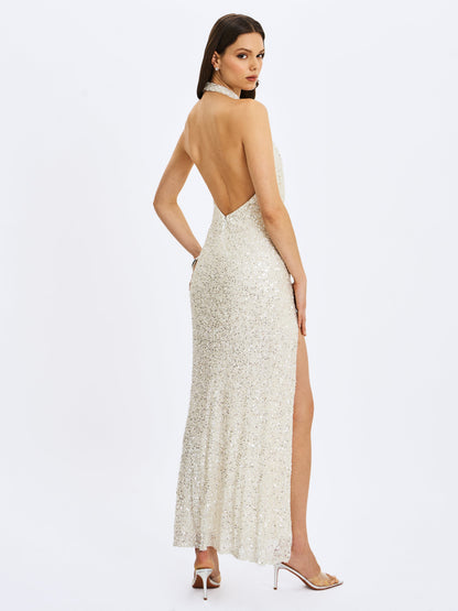 Niamh Golden Beaded Cowl Halter Backless Maxi Dress