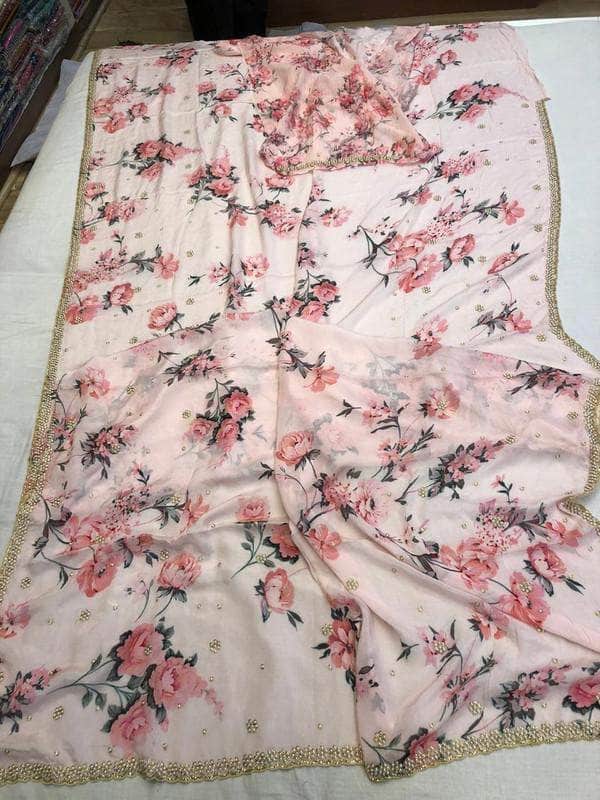 Crepe Floral Pearl Work Saree