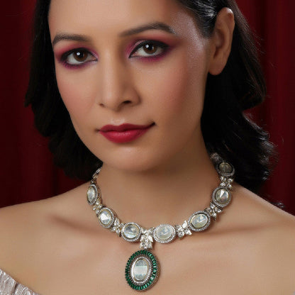 Designer Gold And Silver Tone Necklace With Green Center Piece