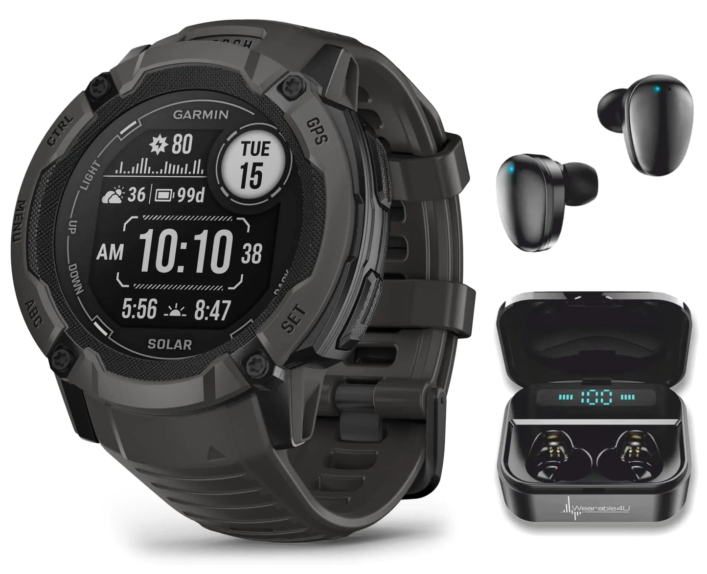 Wearable4U Garmin Instinct 2X Solar Rugged 50 mm GPS Smartwatch Graphite with Power Glass Lens LED Flashlight Black Earbuds Bundle