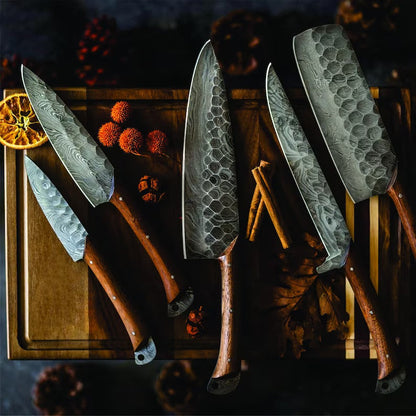 Custom Handmade Damascus Kitchen Knives Set – Rosewood Handles with Leather Roll Kit