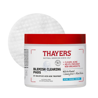 Thayers Blemish Clearing Acne Pads Salicylic Acid Acne Treatment for Face Pore Reducing Exfoliating and Soothing Skincare Witch Hazel Toner Pads 60 Ct